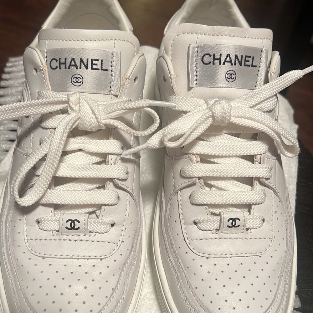 Chanel CC White Lace-Up Sneakers